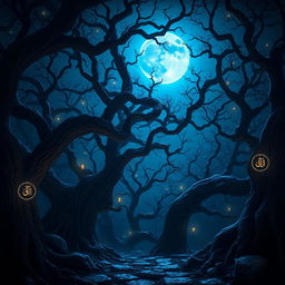 An enchanting scene of a blue moon casting its ethereal light over a dark, magical forest with Arabic-inspired elements