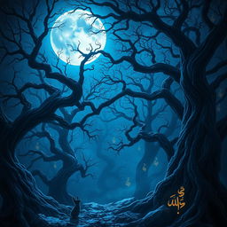 An enchanting scene of a blue moon casting its ethereal light over a dark, magical forest with Arabic-inspired elements