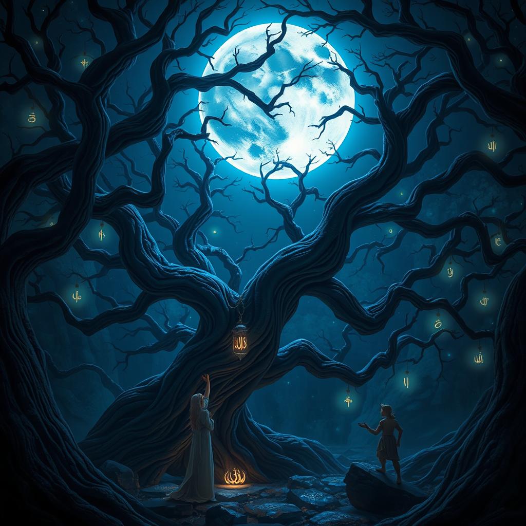 An enchanting scene of a blue moon casting its ethereal light over a dark, magical forest with Arabic-inspired elements