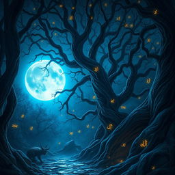 An enchanting scene of a blue moon casting its ethereal light over a dark, magical forest with Arabic-inspired elements