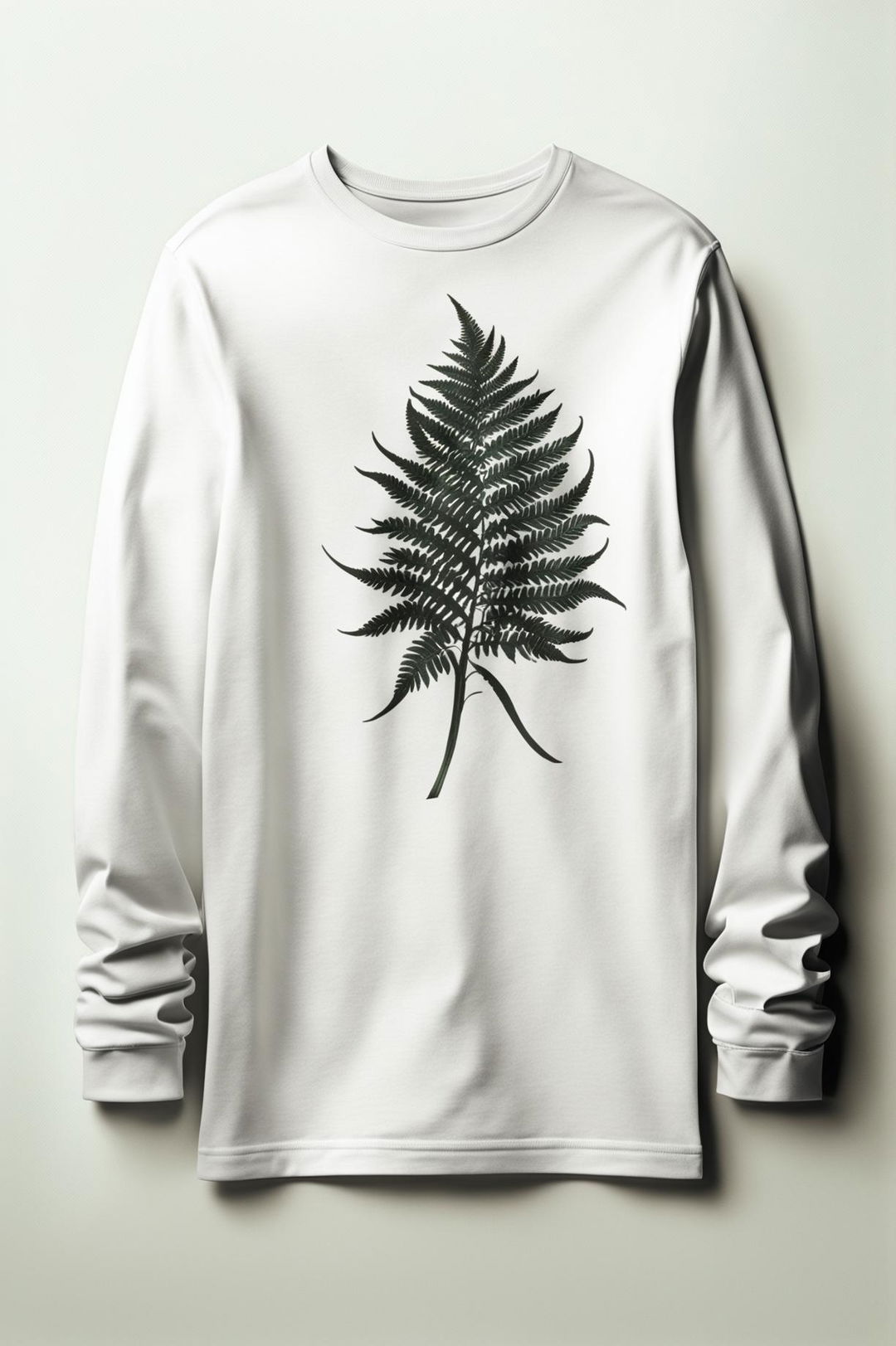 This is a digital art image of a white, long-sleeve graphic tee with a minimal fern print