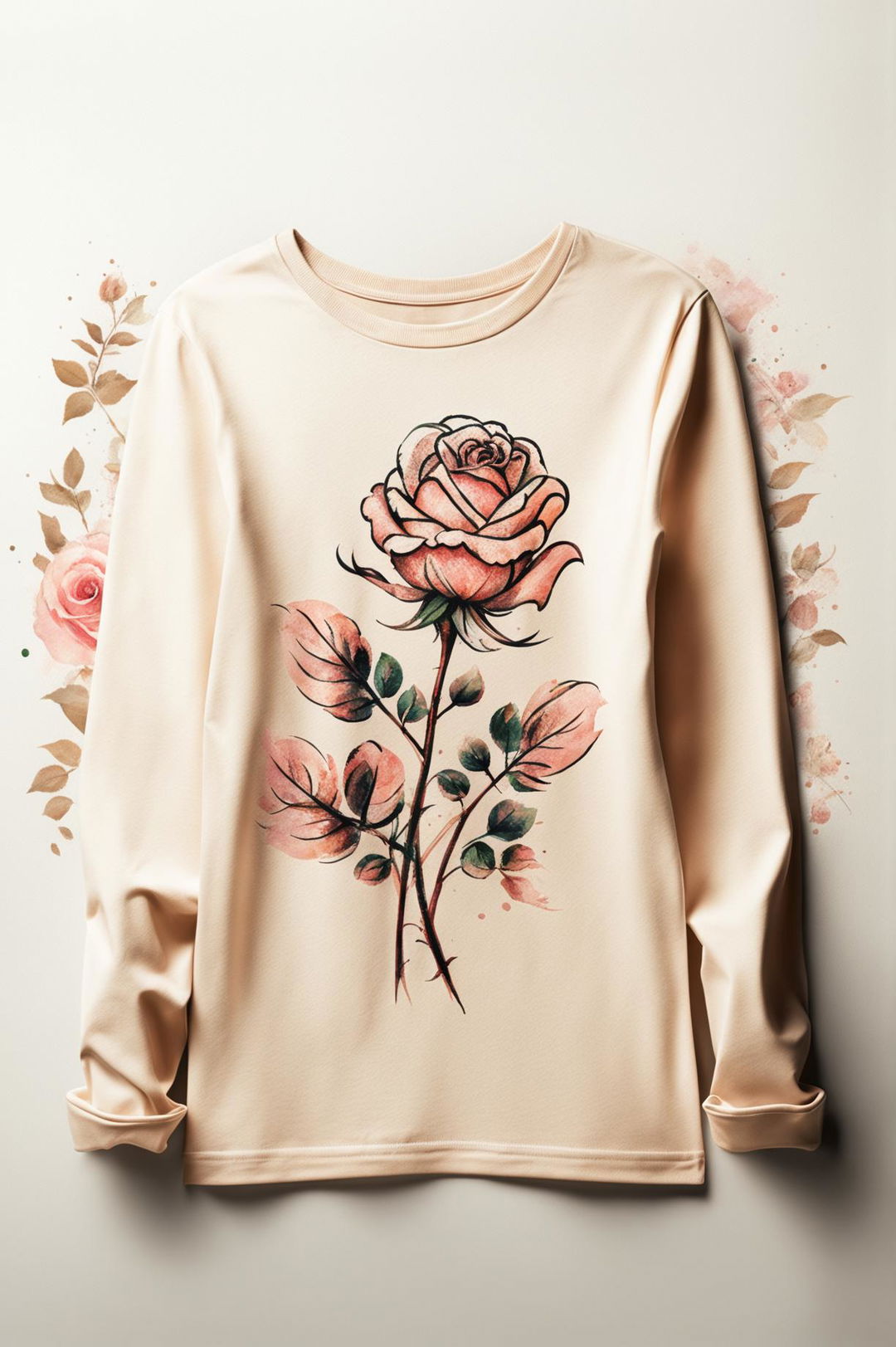 This digital art image depicts a warm cream-colored, long-sleeve graphic tee with a minimal rose print