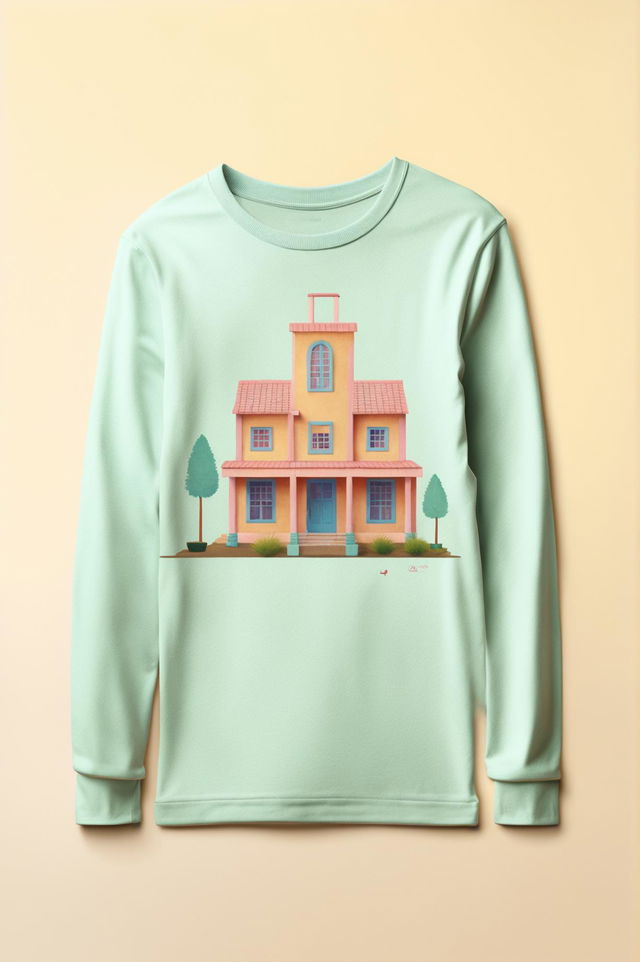 This is a digital art image of a pastel-colored, long-sleeve graphic tee with a minimal print inspired by Wes Anderson