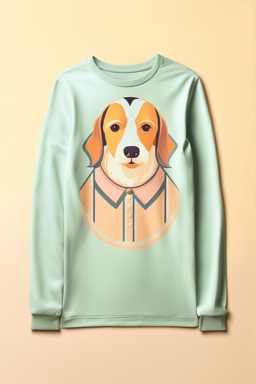 This is a digital art image of a pastel-colored, long-sleeve graphic tee with a minimal print inspired by Wes Anderson's dog characters