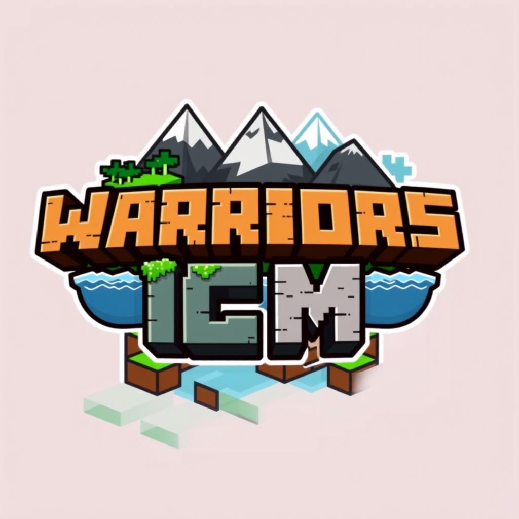 A creative Minecraft-themed logo for 'WARRIORS MC', featuring blocky letters styled like Minecraft building blocks