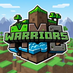 A creative Minecraft-themed logo for 'WARRIORS MC', featuring blocky letters styled like Minecraft building blocks