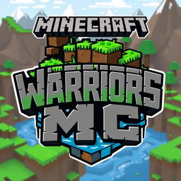 A creative Minecraft-themed logo for 'WARRIORS MC', featuring blocky letters styled like Minecraft building blocks