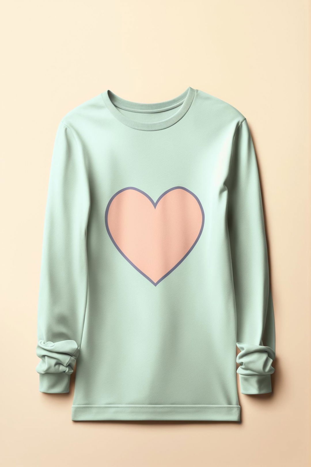 This is a digital art image of a pastel-colored, long-sleeve graphic tee with a minimal heart print inspired by Wes Anderson