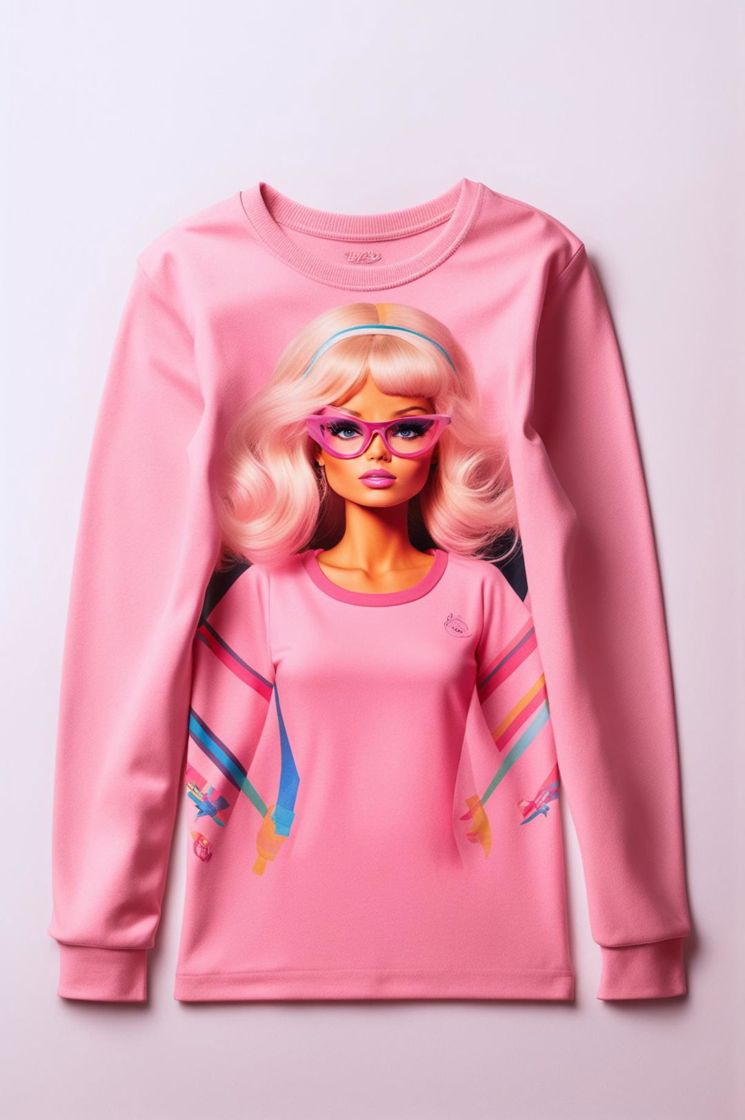 This is a digital art image of a soft pink, long-sleeve graphic tee with a minimal Barbie print inspired by Wes Anderson