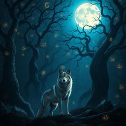 A mesmerizing scene featuring a blue moon glowing brightly over a dark, enchanted forest infused with Arabic magical elements