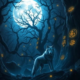 A mesmerizing scene featuring a blue moon glowing brightly over a dark, enchanted forest infused with Arabic magical elements