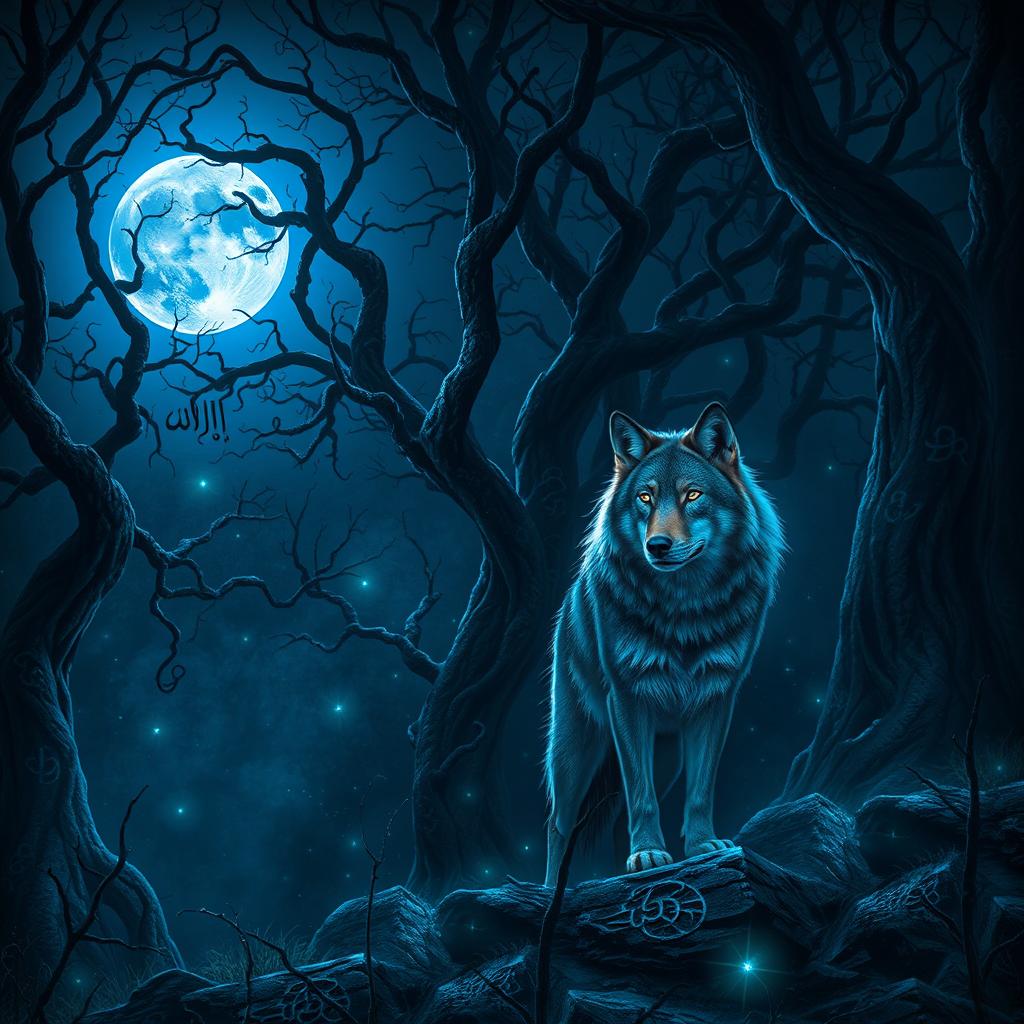 A mesmerizing scene featuring a blue moon glowing brightly over a dark, enchanted forest infused with Arabic magical elements