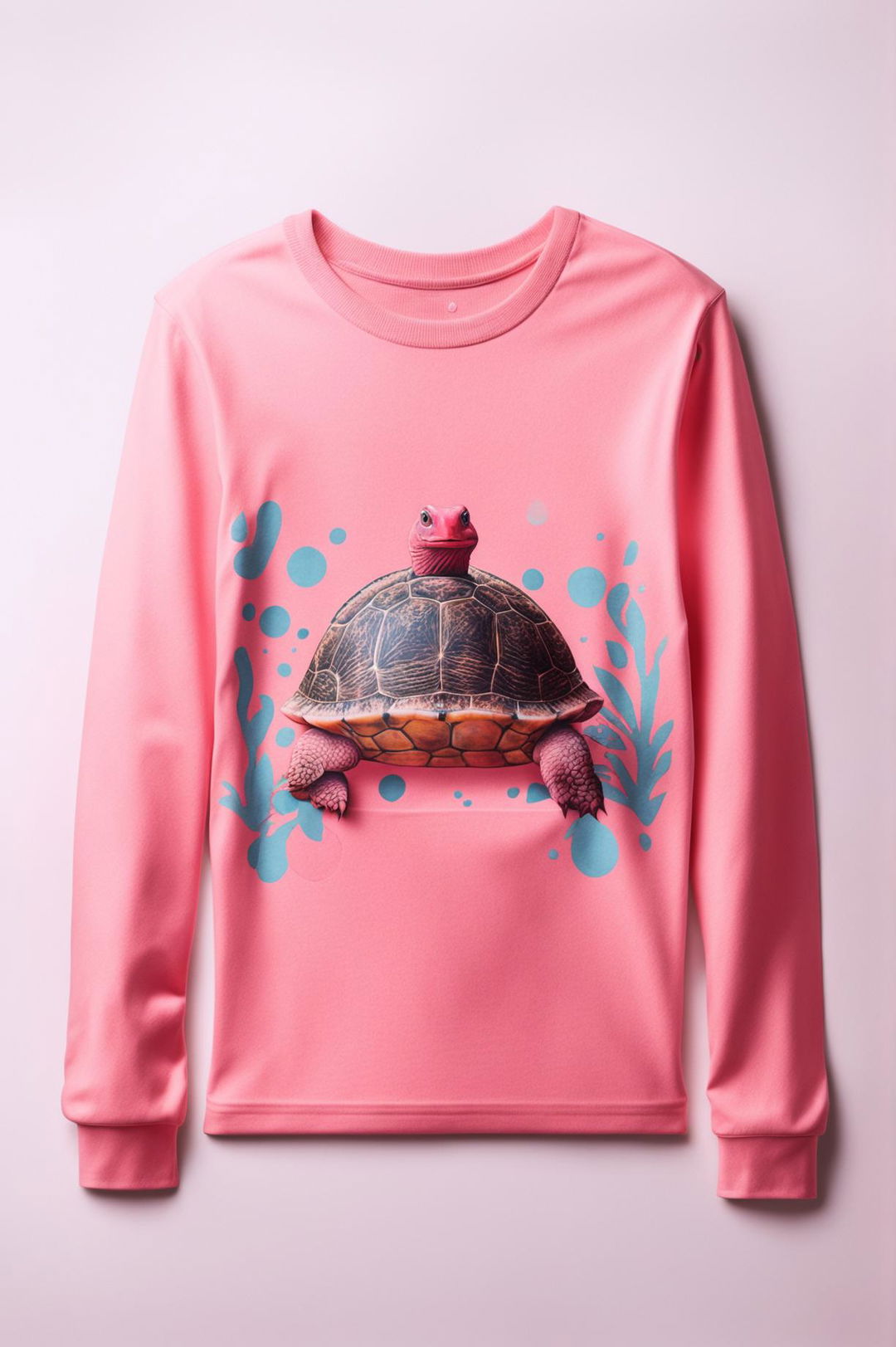 This is a digital art image of a soft pink, long-sleeve graphic tee with a minimal turtle print inspired by Wes Anderson