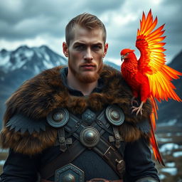 A young man with striking features, one brown eye and one radiant red eye, dressed in an intricate Viking costume complete with detailed armor and a fur-lined cloak