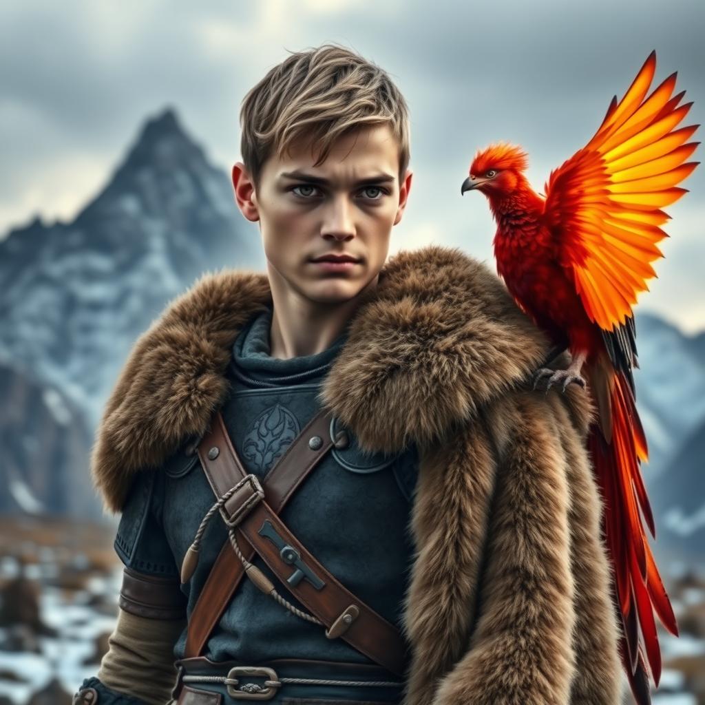 A young man with striking features, one brown eye and one radiant red eye, dressed in an intricate Viking costume complete with detailed armor and a fur-lined cloak