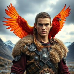 A young man with striking features, one brown eye and one radiant red eye, dressed in an intricate Viking costume complete with detailed armor and a fur-lined cloak