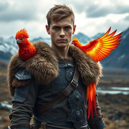 A young man with striking features, one brown eye and one radiant red eye, dressed in an intricate Viking costume complete with detailed armor and a fur-lined cloak