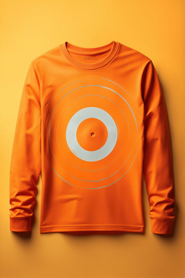 This is a digital art image of a vibrant orange, long-sleeve graphic tee with a retro vinyl print