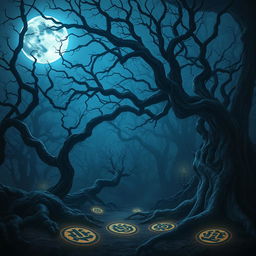 A hauntingly beautiful scene of a blue moon casting its ethereal light over a dark and enchanted forest infused with Arabic mystical elements
