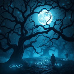 A hauntingly beautiful scene of a blue moon casting its ethereal light over a dark and enchanted forest infused with Arabic mystical elements