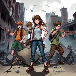 A vibrant scene depicting a zombie apocalypse with 4 male survivors and 1 female survivor