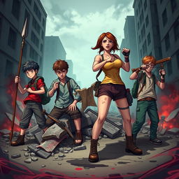 A vibrant scene depicting a zombie apocalypse with 4 male survivors and 1 female survivor