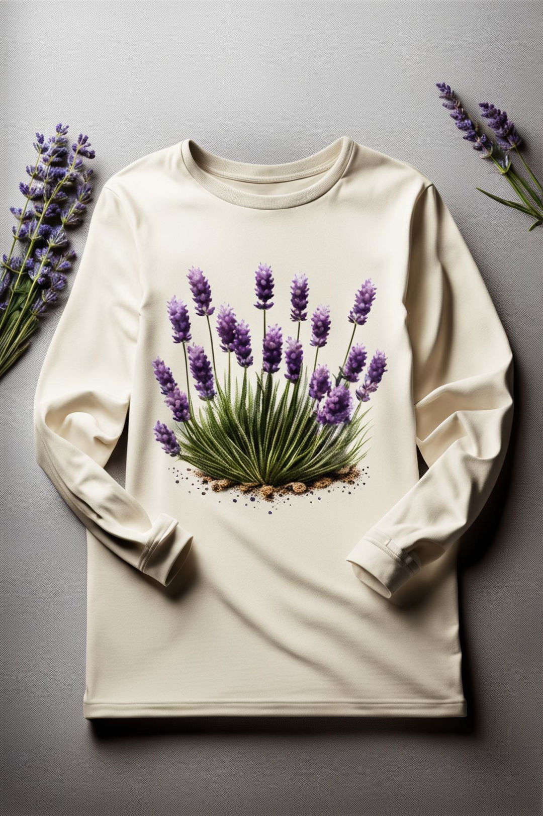 This digital art image depicts a soothing cream-colored, long-sleeve graphic tee with a lavender plant print