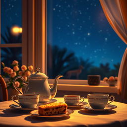 A cozy night scene featuring a beautifully arranged tea table