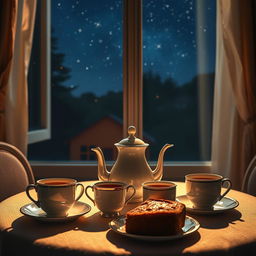 A cozy night scene featuring a beautifully arranged tea table