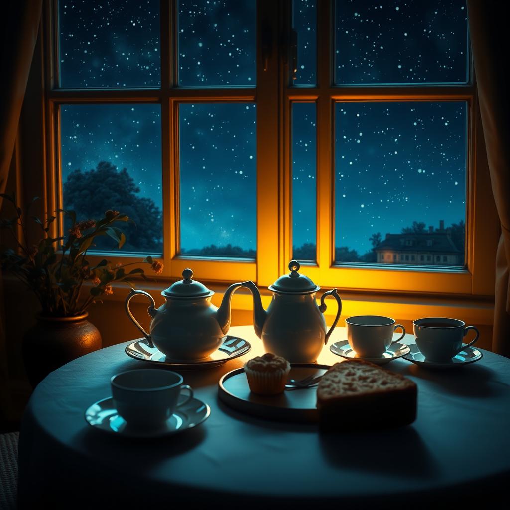 A cozy night scene featuring a beautifully arranged tea table