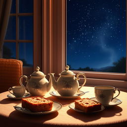 A cozy night scene featuring a beautifully arranged tea table