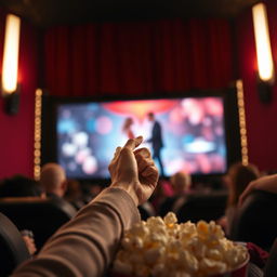 A hand holding a girl's hand in a cozy cinema setting, the scene is illuminated by the soft glow of the movie screen displaying a romantic film, popcorn bucket in the foreground, the atmosphere is warm and intimate, capturing a moment of connection and enjoyment, cinematic lighting with a focus on the hands, slightly blurred background to emphasize the main action