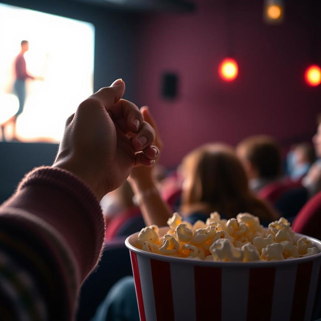 A hand holding a girl's hand in a cozy cinema setting, the scene is illuminated by the soft glow of the movie screen displaying a romantic film, popcorn bucket in the foreground, the atmosphere is warm and intimate, capturing a moment of connection and enjoyment, cinematic lighting with a focus on the hands, slightly blurred background to emphasize the main action