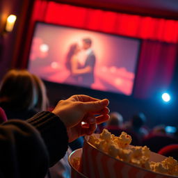 A hand holding a girl's hand in a cozy cinema setting, the scene is illuminated by the soft glow of the movie screen displaying a romantic film, popcorn bucket in the foreground, the atmosphere is warm and intimate, capturing a moment of connection and enjoyment, cinematic lighting with a focus on the hands, slightly blurred background to emphasize the main action