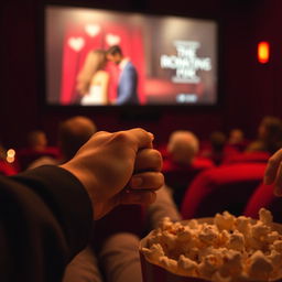 A hand holding a girl's hand in a cozy cinema setting, the scene is illuminated by the soft glow of the movie screen displaying a romantic film, popcorn bucket in the foreground, the atmosphere is warm and intimate, capturing a moment of connection and enjoyment, cinematic lighting with a focus on the hands, slightly blurred background to emphasize the main action