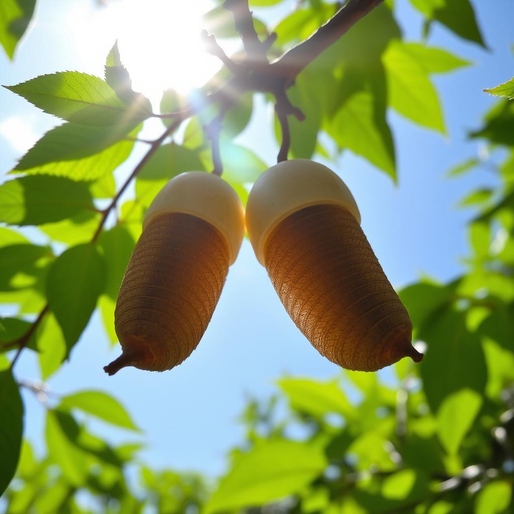 Two intricately detailed cocoons hanging delicately from the branch of a tree, surrounded by vibrant green leaves