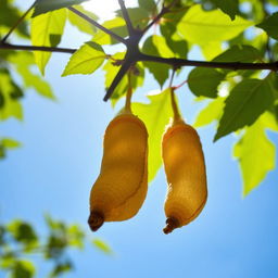 Two intricately detailed cocoons hanging delicately from the branch of a tree, surrounded by vibrant green leaves