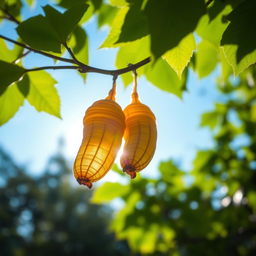 Two intricately detailed cocoons hanging delicately from the branch of a tree, surrounded by vibrant green leaves