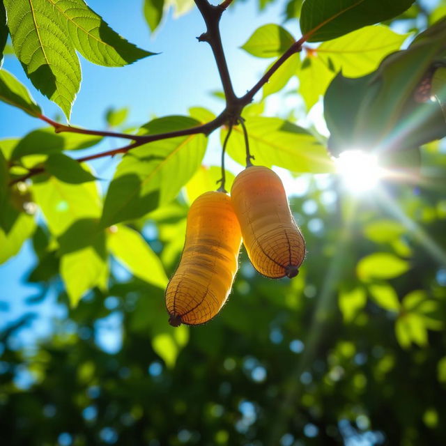 Two intricately detailed cocoons hanging delicately from the branch of a tree, surrounded by vibrant green leaves