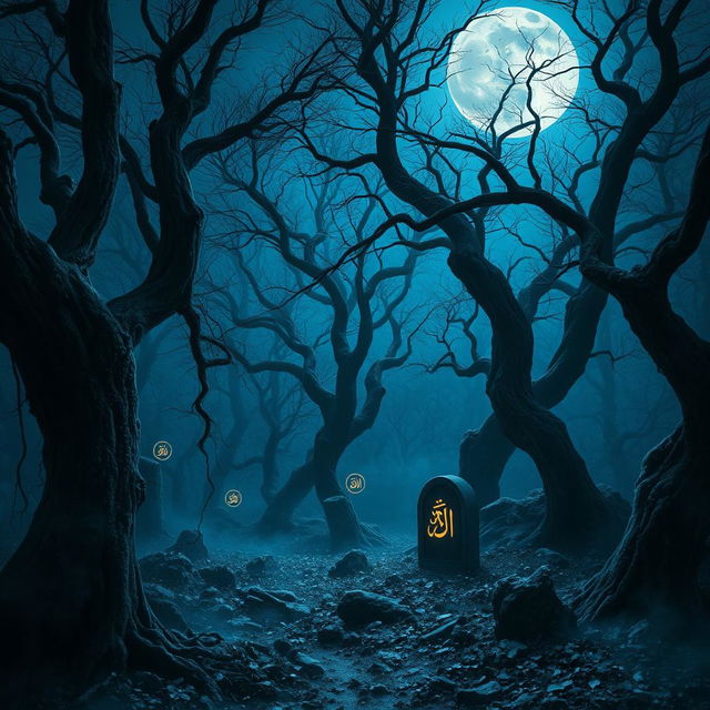 A captivating and haunting scene under a blue moon that bathes a dark, enchanted forest in silvery light