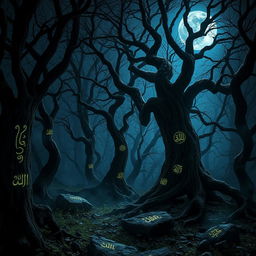 A captivating and haunting scene under a blue moon that bathes a dark, enchanted forest in silvery light