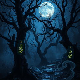 A captivating and haunting scene under a blue moon that bathes a dark, enchanted forest in silvery light