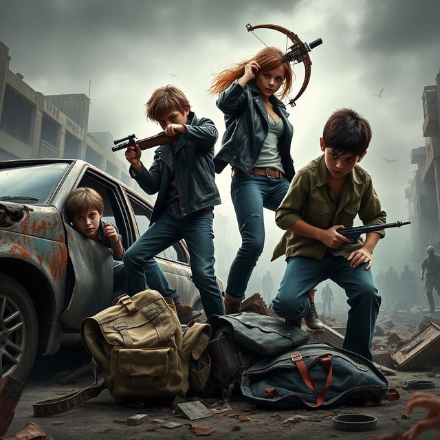 A dramatic scene set in a zombie apocalypse featuring four survivors: three boys and one girl