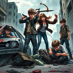 A dramatic scene set in a zombie apocalypse featuring four survivors: three boys and one girl