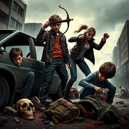 A dramatic scene set in a zombie apocalypse featuring four survivors: three boys and one girl