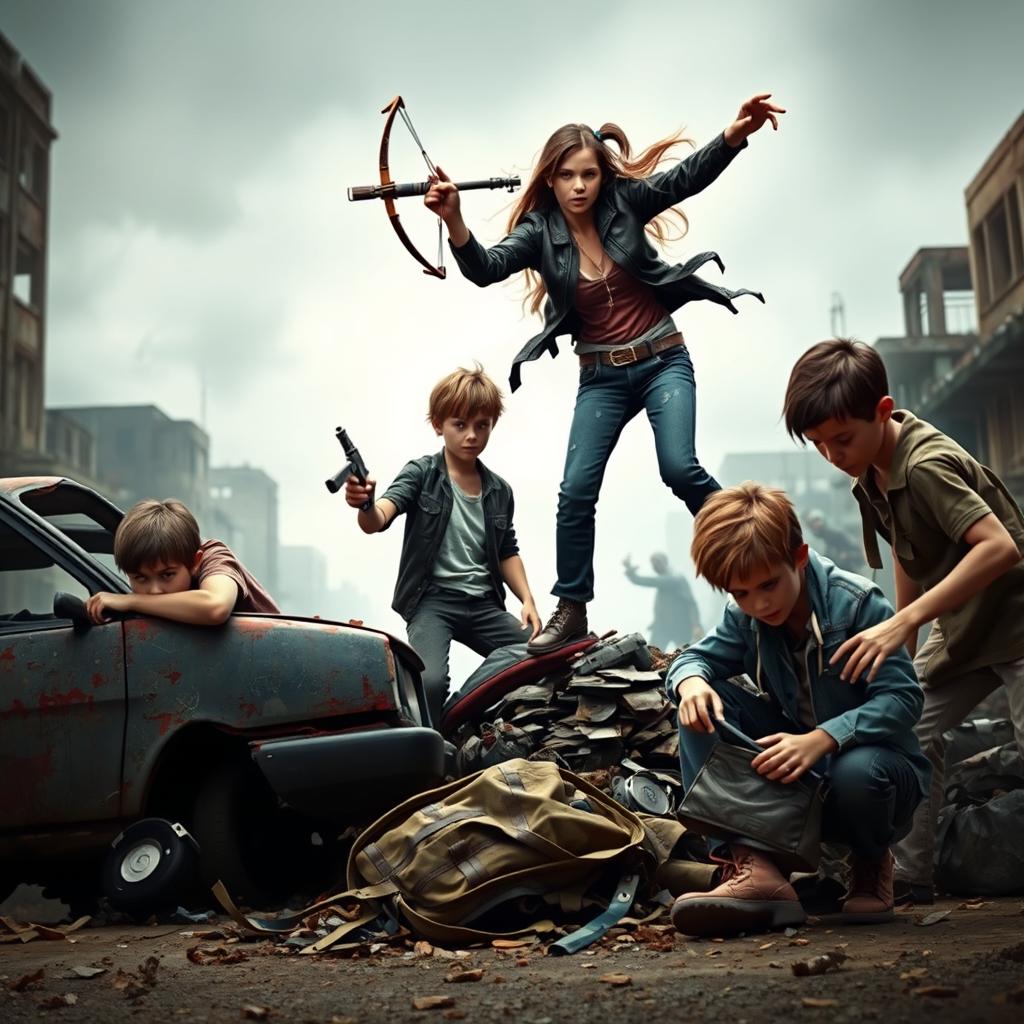 A dramatic scene set in a zombie apocalypse featuring four survivors: three boys and one girl