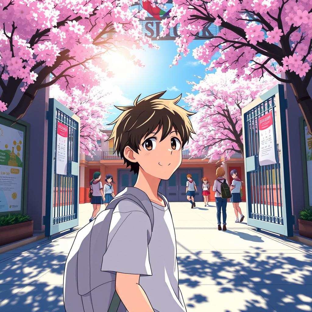 A dynamic anime scene capturing a school gate with a young boy walking past