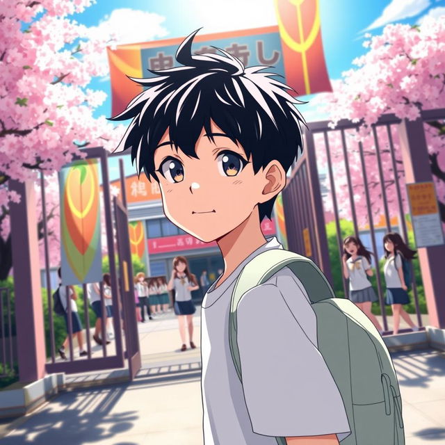 A dynamic anime scene capturing a school gate with a young boy walking past