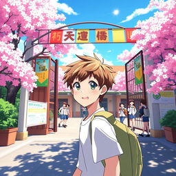 A dynamic anime scene capturing a school gate with a young boy walking past