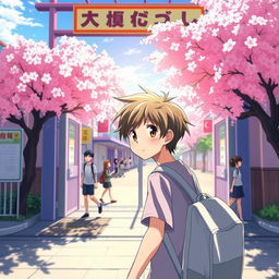 A dynamic anime scene capturing a school gate with a young boy walking past